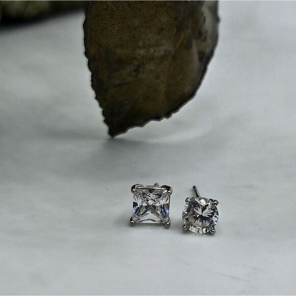 "5/$25" Pair of Mismatched Sterling Silver CZ Square & Round Stud Earrings - Picture 4 of 8